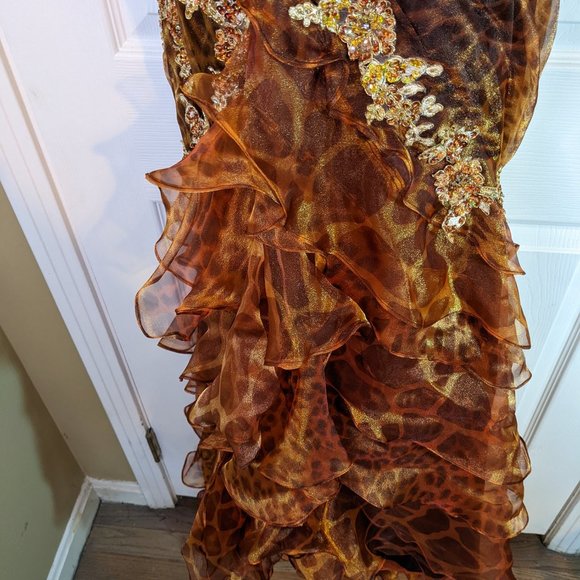 Jasz Couture Leopard Beaded Ruffled Tiers Halter Maxi Dress - size 2 NWT - Picture 14 of 16